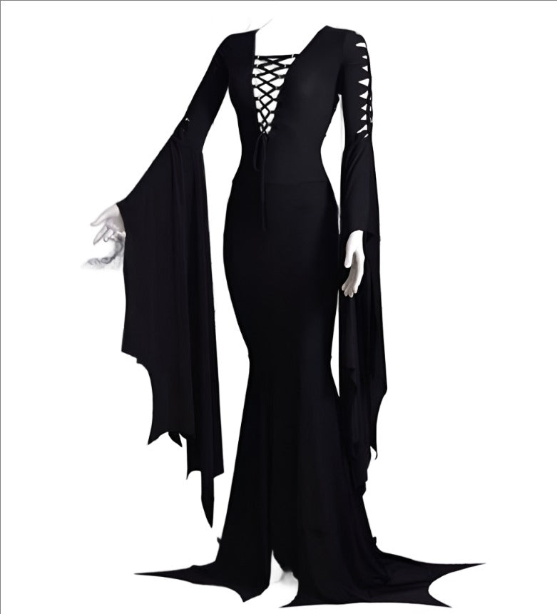 Large Size Cos Morticia Addams Floor Dress Costume Adult Women