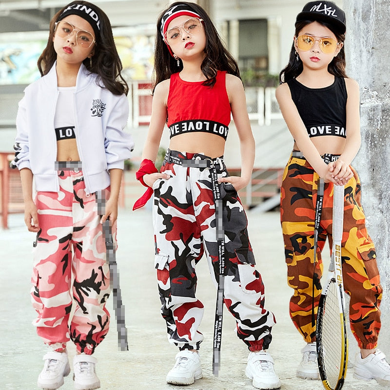 Hip Hop Costume Jazz Dance Clothes For Girls Bandage Tops Pink Camouflage  Pants Kids Kpop Concert Performance Stage Wear size 120CM Color 3pcs