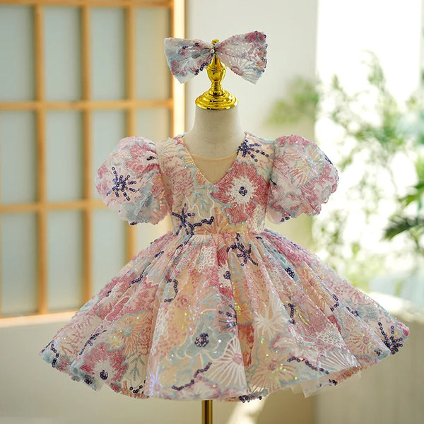 V-neck Flower Printed Kids Birthday Dresses Ball Gown Sweet Elegant Princess Vestidos Puff Sleeve Sequined Flower Girls Dress