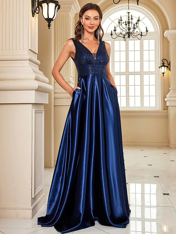 Elegant Sequins Evening Dress For Women 2024 Deep V-neck Satin Prom Party Green Dress Floor Length Blue Formal Gowns