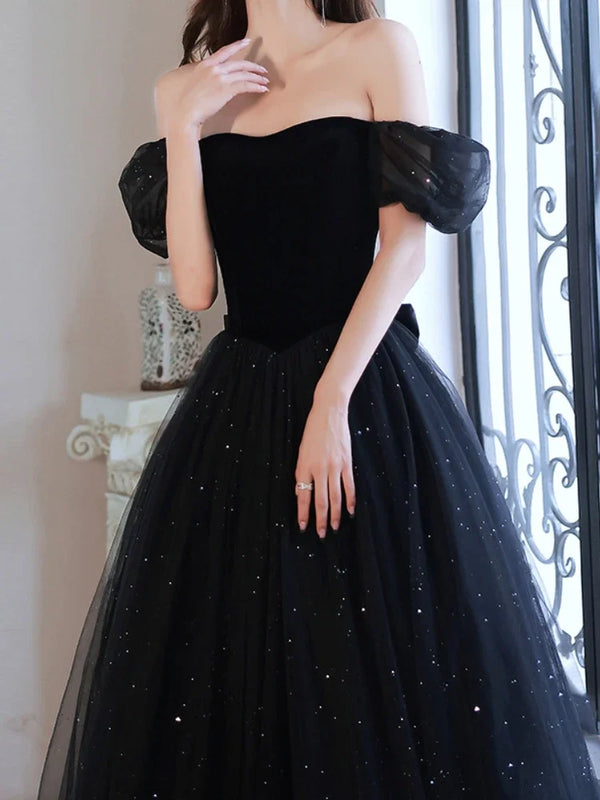 Draped Black Square Collar Women Evening Dress Puff Sleeve Boat Neck Cross Lace Up Prom Dresses Tiered Party Femme Vestidos