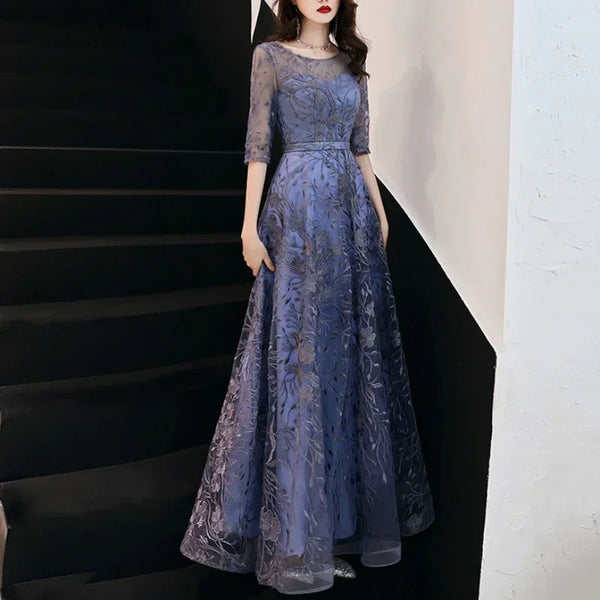 Elegant O-neck Half Sleeve Evening Dresses Appliques A-line Lace Formal Gown 2024 Summer Temperament Long Wedding Party Dress