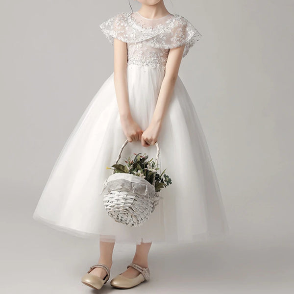 Elegant Pearls Lace Embroidery Flower Girl Dress O-Neck Cloak Sleeves Junior Bridesmaid Dresses 2024 Trendy Girls Birthday Gowns