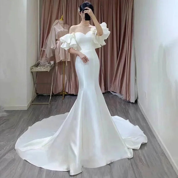 Elegant Waisted Fishtail One-shoulder Evening Dresses Temperament Slim Waist Wedding Party Dress Ruffles Sleeve Design Prom Robe