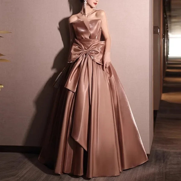 Satin Slim Waist Strapless Elegant Evening Dresses Bow Design Pleated Temprament Wedding Party A-line Solid Vestidos Prom Dress