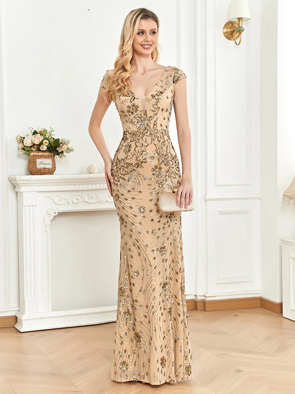 Elegant Champagne Evening Dress For Women Long 2024 Luxury Mermaid Formal Sequins Prom Wedding Party Cocktail Dresses