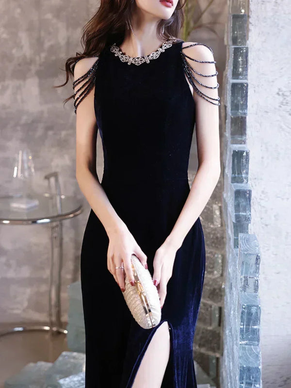 O-neck Beading Design Tassel Sleeveless Eveming Slim Waist Formal Dress Women Elegant 2024 Summer Feminino Split Trumpet Robe