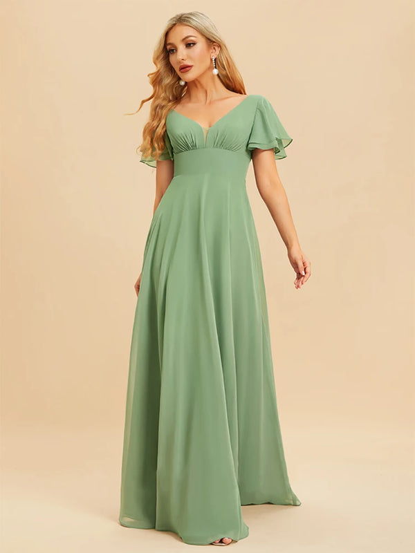 Elegant Evening Dresses Long A-LINE Short Sleeve V-neck Floor-Length 2024 Women Chiffon Simple Bridesmaid Party Dress