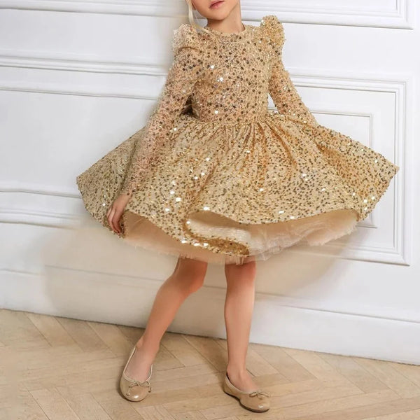 Luxury Shinny Golden Long Sleeve Girls Birthday Dress Tiered Bow Robe Ball Gown Princess Dress 2024 Spring  Flower Girl Dresses