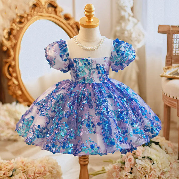 Beading Design O-neck Flower Girls Dresses Slim Ball Gown Princess Vestidos Puff Sleeve Sweet Fashion Kids Birthday Party Dress