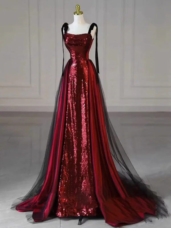 Wine Red Temperament Sling Wedding Party Dresses Slim Waist Sequin Patchwork Prom Vestidos Elegant Lace-up Long Evening Dress