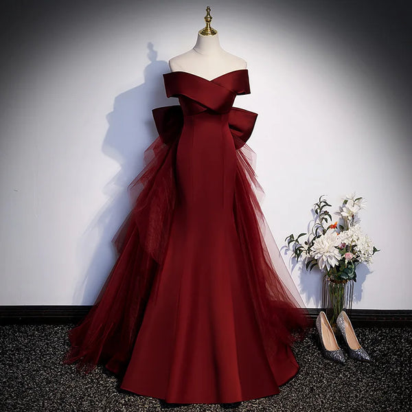 Wine Red Trumpet Evening Dress Female Slim Waist Slash Collar Elegant Wedding Party Dresses One-shoulder Temperament Vestidos