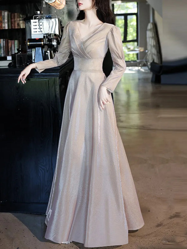 V-neck Solid Long Sleeve Wedding Party Dresses Slim Pleated Elegant Prom Dress Gentle Simple Temperament Long Evening Vestidos