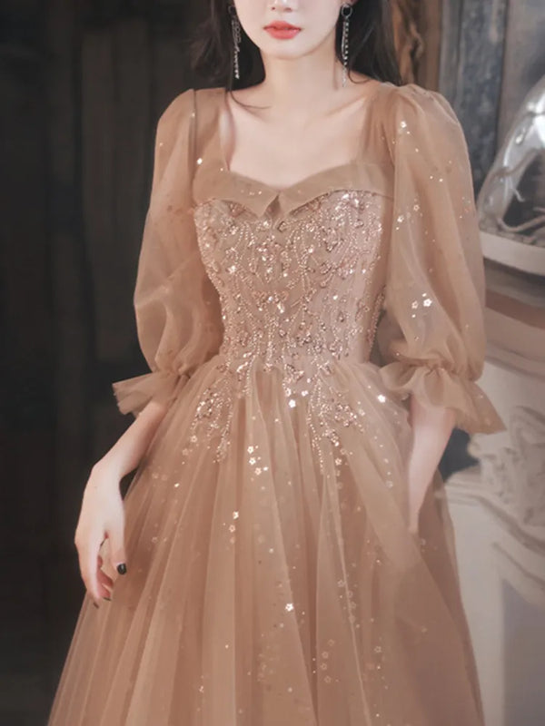 2024 Spring Summer Party Dress Square Collar Long Puff Sleeve Evening Dress Sequined Appliques Mesh Tiered Design Prom Vestidos