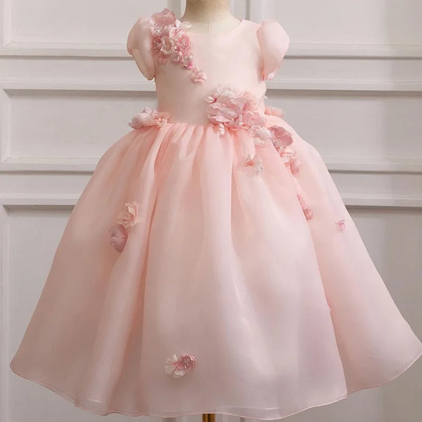 Ball Gown Puff Sleeve Elegant Flower Girls Dresses Appliques Temperament O-neck Birthday Party Vestidos Simple Princess Dress