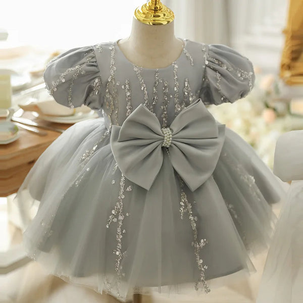 Sequined Bow Design O-neck Flower Girls Dresses Puff Sleeve Ball Gown Princess Vestidos Tiered Pleated Kid Birthday Party Dress