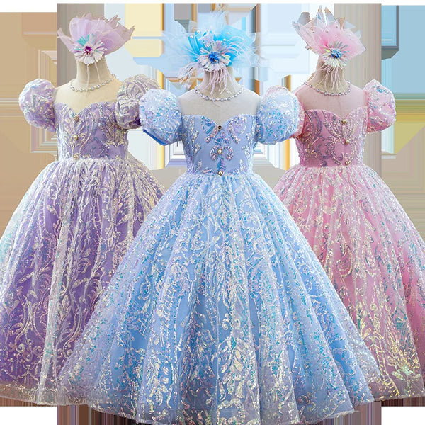 Elegant Children Birthday Party Dresses Sequined O-neck Puff Sleeve Flower Girls Dress 2024 Princess Ball Gown Long Vestidos