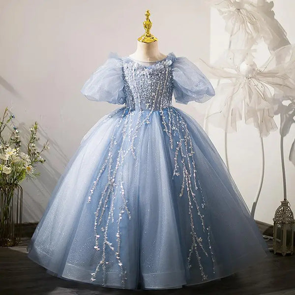 Puff Sleeve Sequined O-neck Exquisite Flower Girls Dresses Ball Gown Princess Long Vestidos Appliques Tiered Kid Birthday Dress