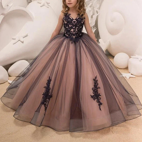 Temperament Lace Princess Dresses V-Neck Embroidery Girls Birthday Gowns Flower Girl Dress 2024 Princess Sleeveless Vestidos