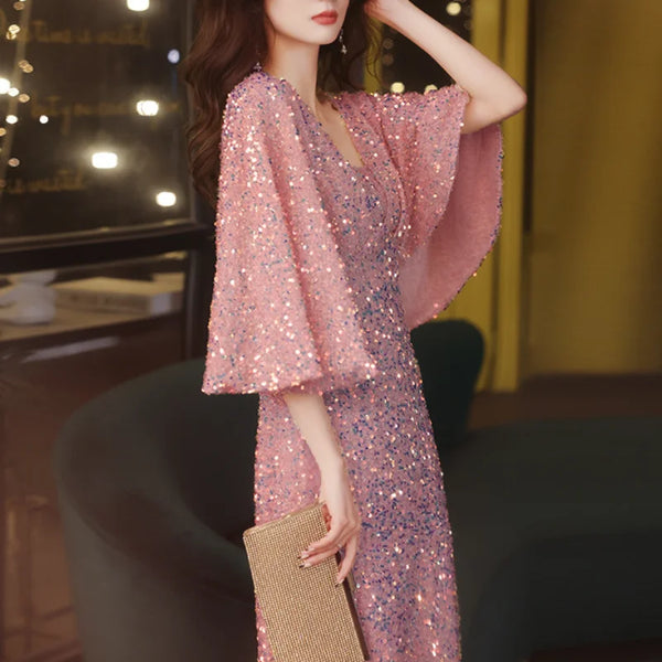 Sequined V-neck Flared Sleeve Evening Dresses Slim Waist Elegant Dress Women for Wedding Party 2024 Summer Luxury Short Robe