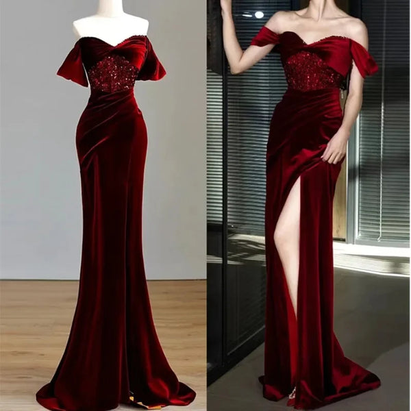 Fishtail bride wine red engagement dresses wedding party vestidos one shoulder slim fit evening dress  velvet sequins robe woman