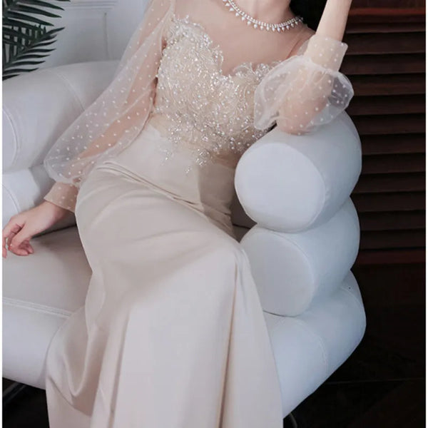 Temperament Elegant Appliques O-neck Beading Evening Dress Full Sleeve Mesh Patchwork Wedding Party Vestidos Slim Prom Dresses