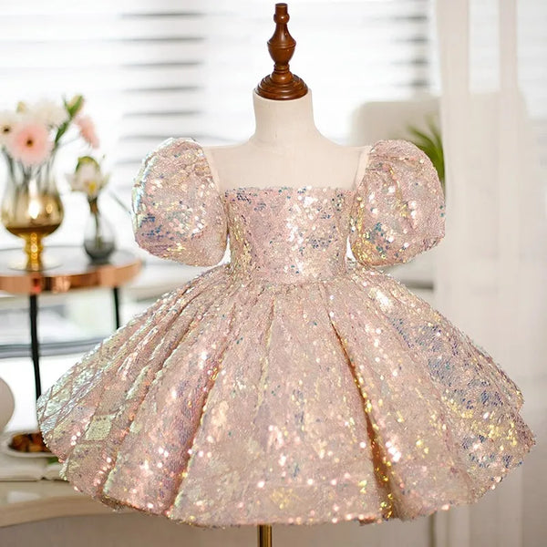 Sequined Pleated Ball Gown Flower Girls Dresses Puff Sleeve Square Collar Vestidos 2024 New Luxury Shinny Birthday Party Dress