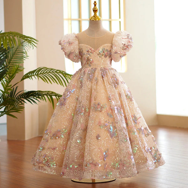 Sequined Embroidery Girls Birthday Gowns Cross Lace Up Puff Sleeve Flower Girl Dress Kids Princess Junior Bridesmaid Dresses