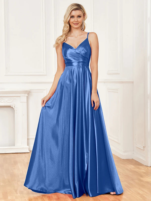 Luxury V-Neck Satin Sleeveless Blue Formal Evening Dress 2024 Women Elegant Sexy Slip Wedding Party Long Prom Dress