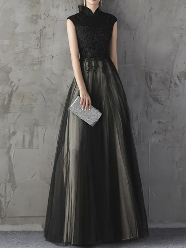 Elegant Temperament Formal Skirt Stand Collar Draped Sleeveless Lace Prom Gown Simple Slim Fit Long Part Evening Dresses