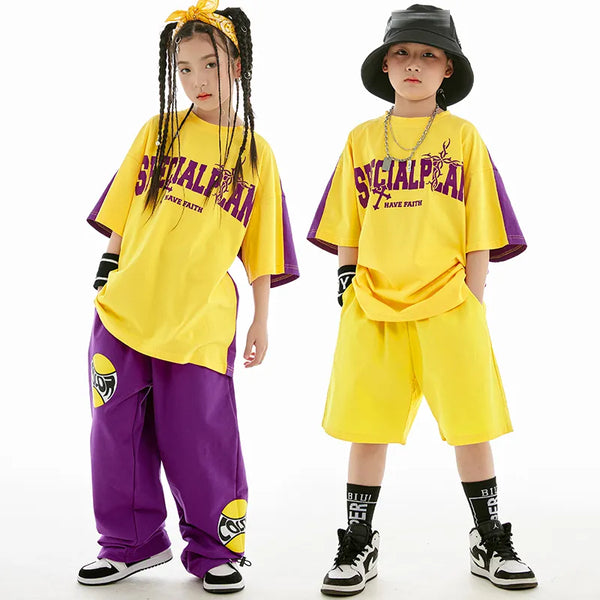 New Hip Hop Dance Costume Boys Girls Performance Outfit Yellow T Shirt Tops Loose Pants Summer Fashion Children Clothing BL10363