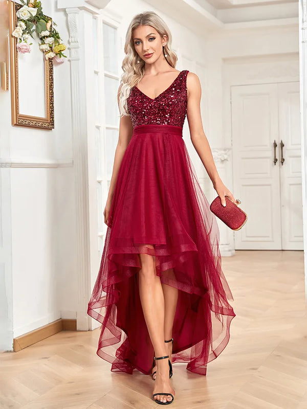 Elegant Women Sleeveless Sequin Floor Length Formal Evening Dress 2024 Red Prom Wedding Party Cocktail Dress Gown