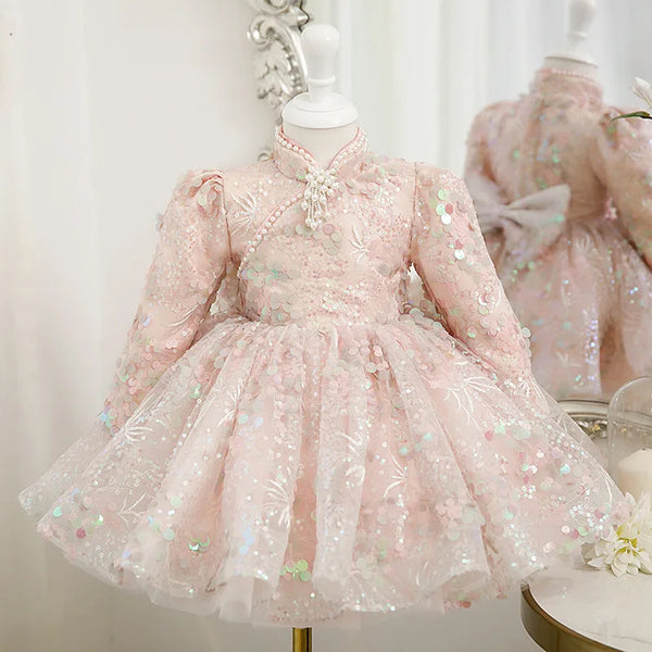 Sequined Pearl Beading Lace Princess Girls Birthday Gowns Cute Sweet Flower Girl Dress 2024 Ball Gown Junior Bridesmaid Dresses