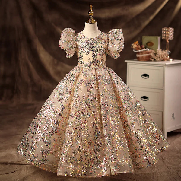 Champagne Sequined Princess Ball Gown Dress Girl Fluffy Robe Children Flower Girl Dresses 2024 Kids Wedding Party Vestidos