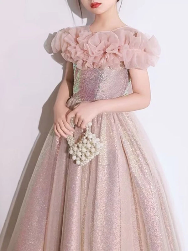 Sequined Elegant Temperament Flower Girls Dresses Pleated One Shoulder Design Kids Birthday Party Robe Ball Gown Princess Dress