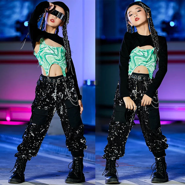 Dance Performance Stage Costume Rave Clothes New Kids Hip Hop Dance Clothing Dye Tie Tops Shiny Sequins Pants Girls Jazz