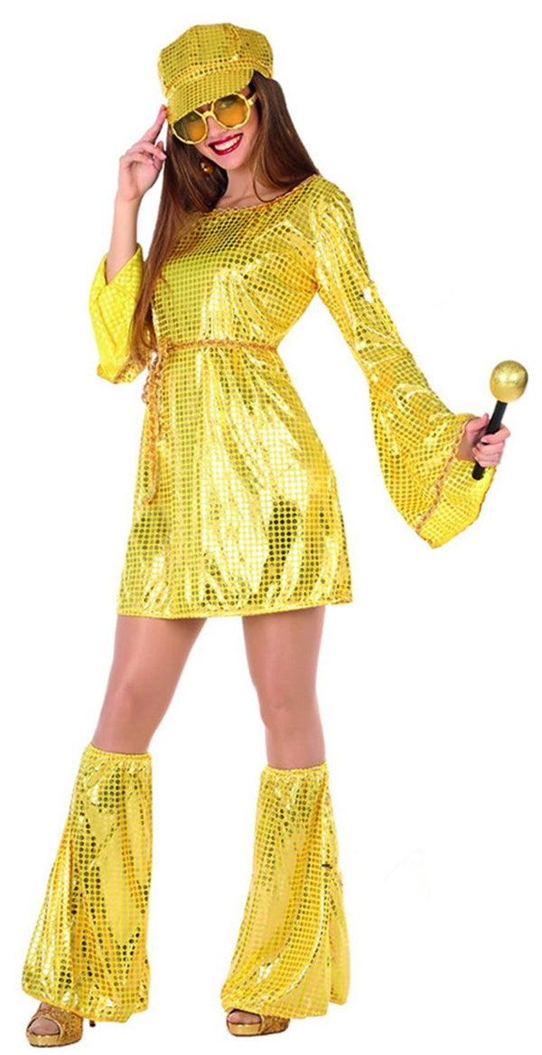 1960s Women Disco Costumes Party Outfits Dress Bling Bling Yellow