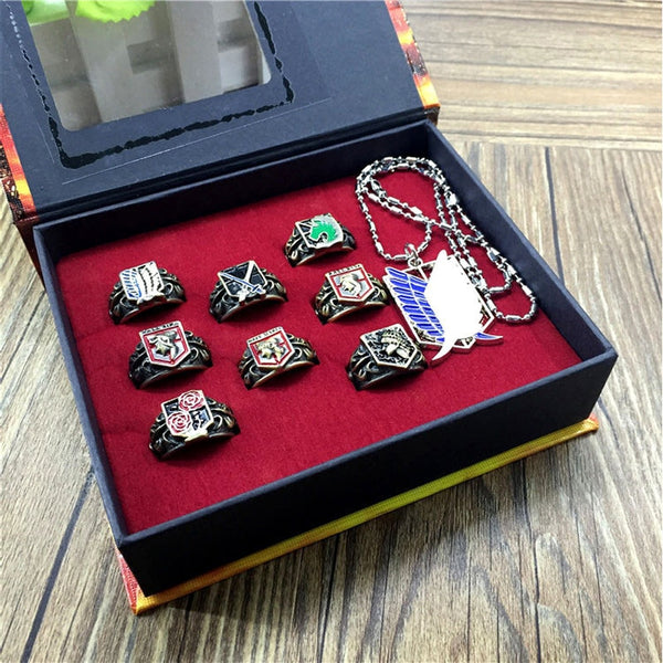 Attack Titan Cosplay Rings Set Anime Alloy Ring with Necklace Wings of Liberty Flag Finger Rings for Men Women Jewelry Fans