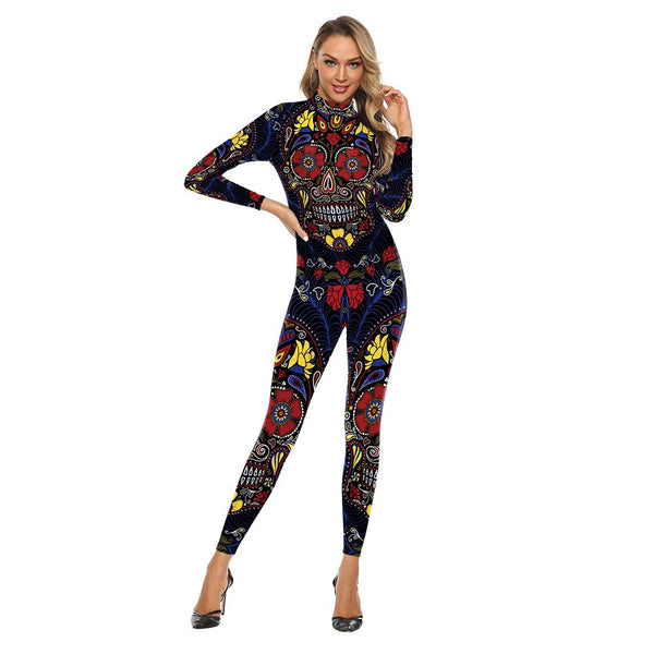 Mode-Schädel-Druck-Frauen-Overall-erwachsene elastische einteilige Kostüm-reizvolle feste Bodysuit-lange Hülsen-Cosplay-Halloween-Overall