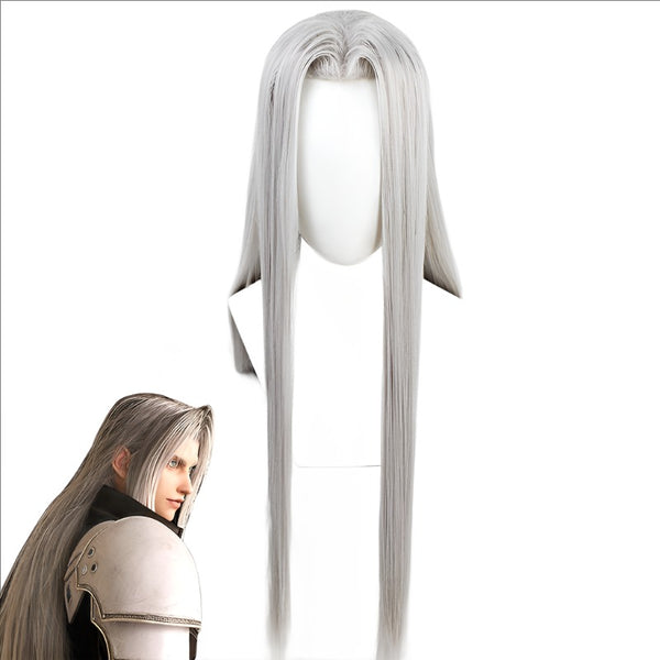 100cm Silver Long Sephirothth Wigs Heat Resistance Fiber Men&#39;s Game Synthetic Hair Cosplay Costume Wigs + Wig Cap