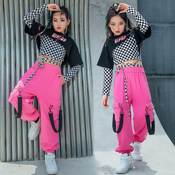 Children Hip Hop Dance Clothes Lattice Tops For Girls Casual Cargo Pants Jazz Performance Rave Wear Street Dance Costume