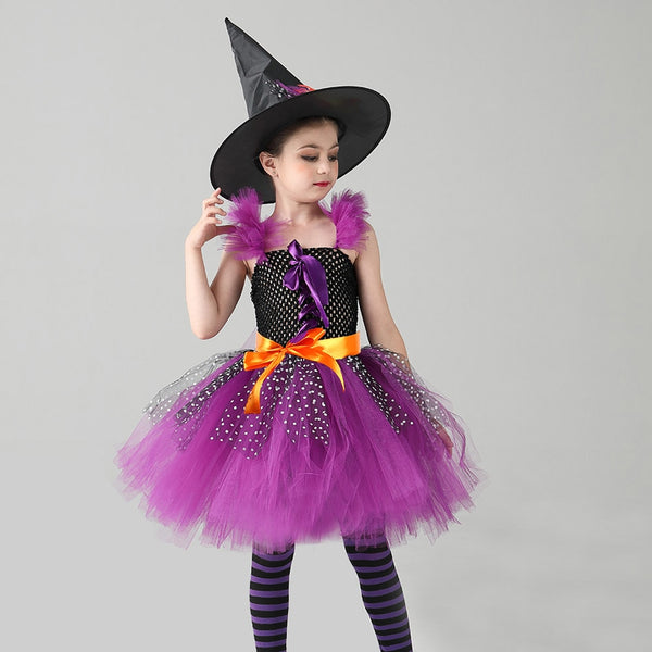 Mädchen-Halloween-Hexe-Kleid für Leistung Halloween-Kostüm-Kleid mit Hexenhut-Maskerade-Cosplay-Outfit-Verkleidungs-Tuch