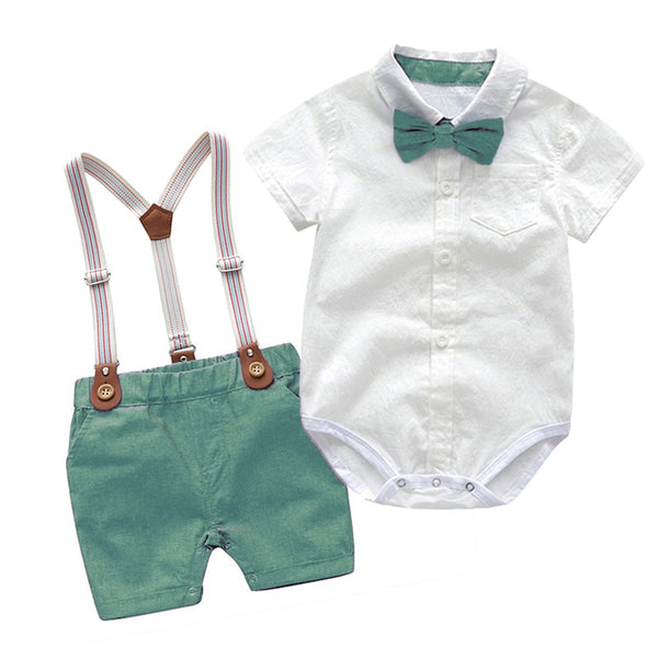 Babykleidung Sommer Gentleman Geburtstag Anzüge Neugeborenes Partykleid Weiche Baumwolle Solide Rmper + Gürtelhose Säugling Kleinkind Set