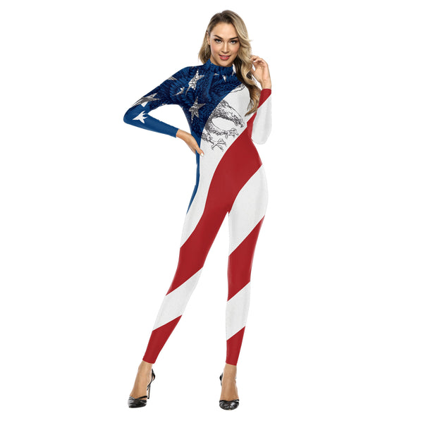 Elastische enge Overalls Frauen Sexy Slim Bodysuit 3D gedruckt Independence Day Cosplay Kleidung Langarm Casual Kostüm