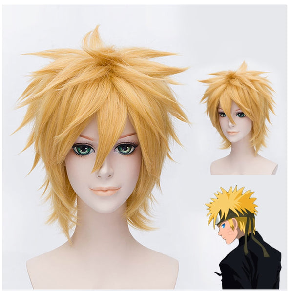 Anime Uzumakiki Cosplay Wig Short Golden Fluffyfy Shaggygy Layered Heat Resistant Synthetic Hair Wigs + Wig Cap