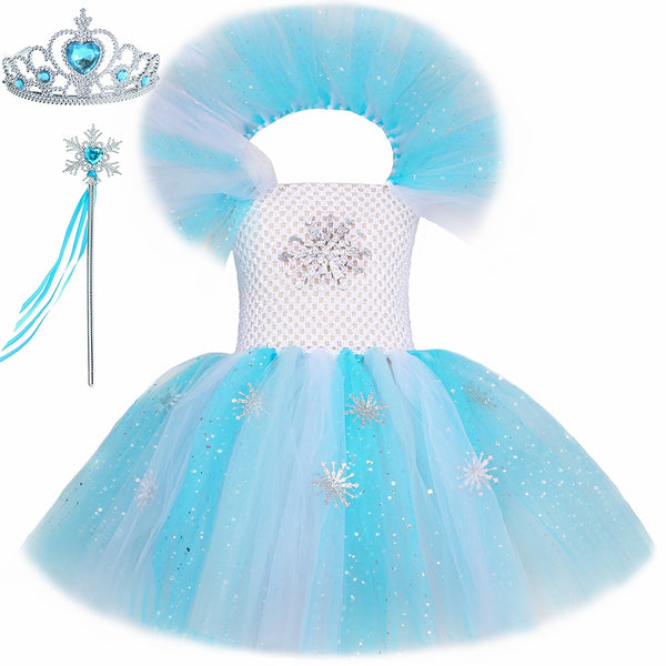 Sparkly Girls Elsa Tutu Dress Glitter Snowflake Snow Queen Cosplay Princess Costume for Kids Halloween Carnaval Party Dresses