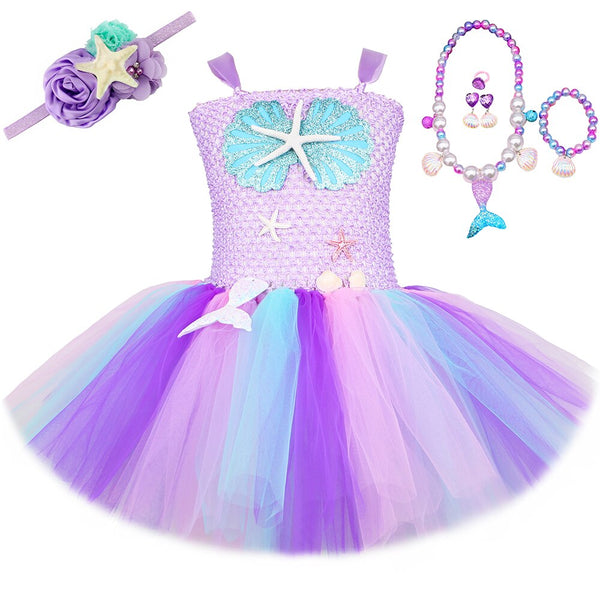 Girls Pastel Mermaid Tutu Dress Ocean Theme Halloween Birthday Party Princess Costume Starfish Shell Kids Little Mermaid Costume