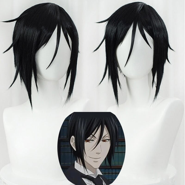 Black B Butlers Sebastianan Michaelisis Wig Short Black Styled Heat Resistant Synthetic Hair Cosplay Wigs + Wig Cap