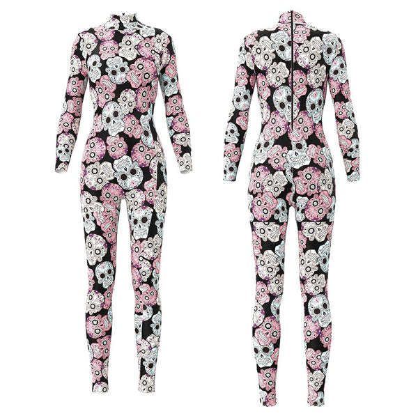 Women Funny Halloween Costume Pink Skull Printed Jumpsuits Carnival Cosplay Party Bodysuits Outdoor Fitness Outfit Sexy Suit