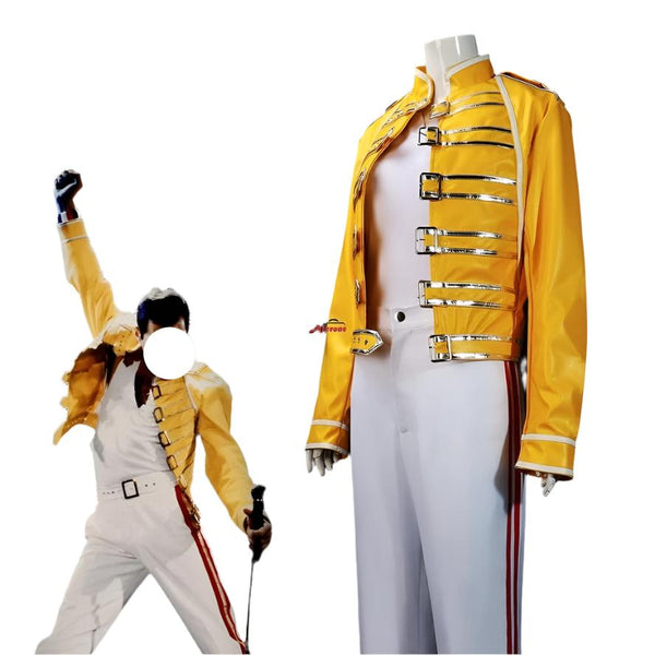 Lead adult Vocals Singer Freddieie Queens Mercuryry Cosplay Costume Yellow Leather Jacket Coat Unisex Halloween Carnival Outfit